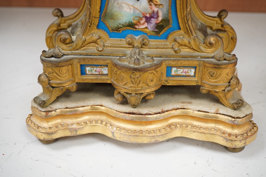 A 19th century French gilt metal mantel clock in Sevres style with gilt wood stand, 40cm total height